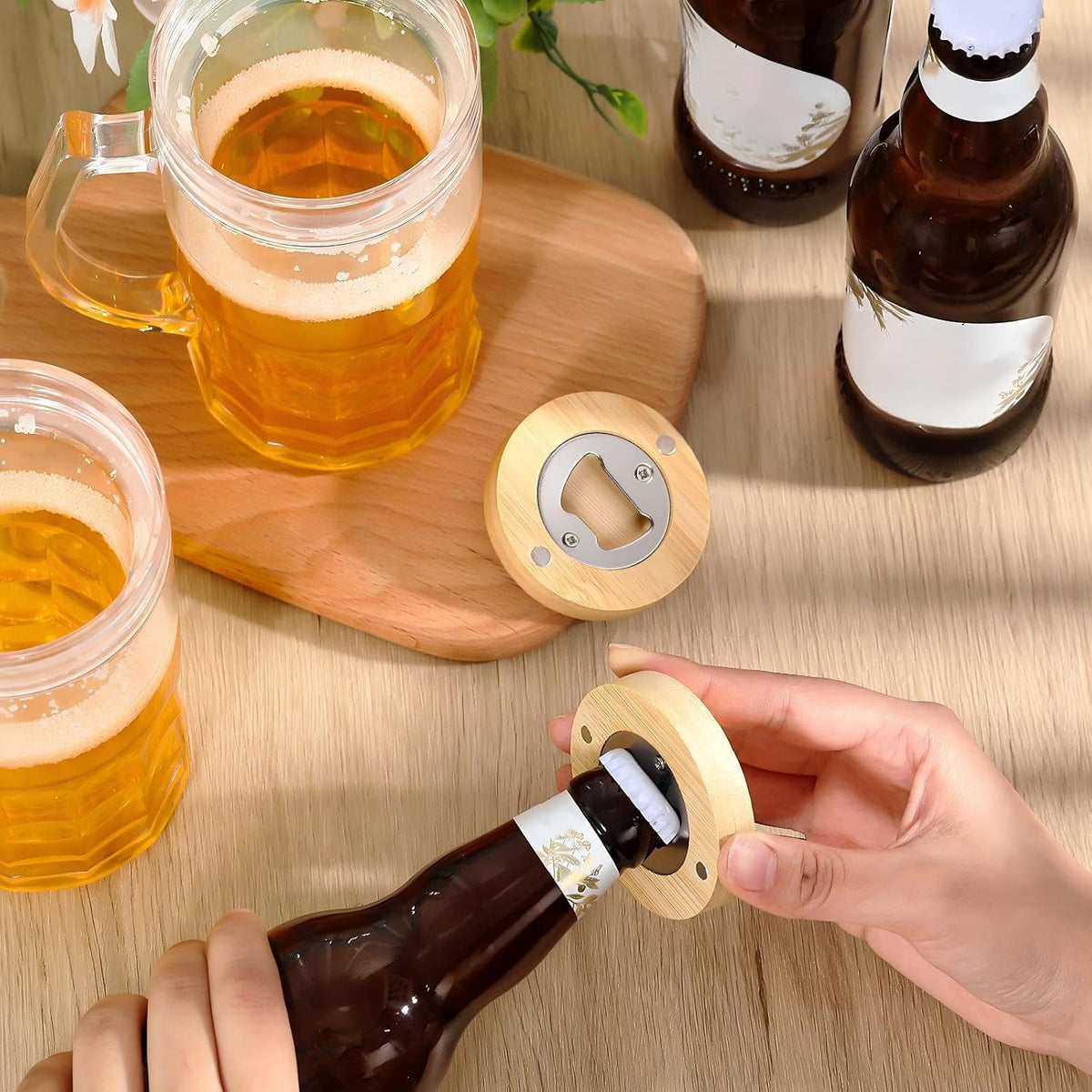 100 Pcs Magnetic Bottle Opener 2.5in DIY Bamboo Round Beer Opener