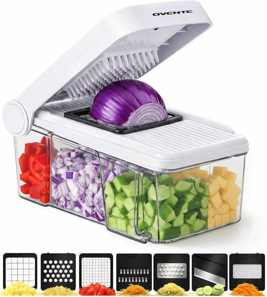 7-in-1 Vegetable Chopper and Mandoline Slicer, White MD71W | With 7 Interchangeable Blades and Safety Gloves, Multifunctional Kitchen Gadget for Fruit, Onion, Potato, Cucumber & More