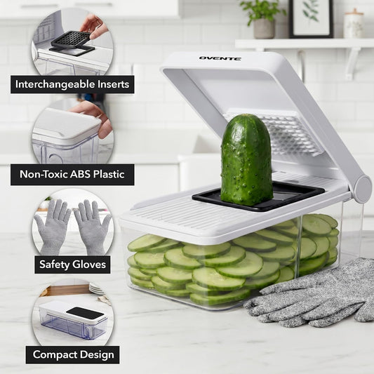 7-in-1 Vegetable Chopper and Mandoline Slicer, White MD71W | With 7 Interchangeable Blades and Safety Gloves, Multifunctional Kitchen Gadget for Fruit, Onion, Potato, Cucumber & More