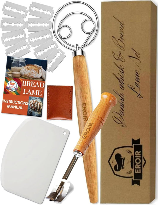 13" Danish Dough Whisk Bread Lame Bowl Scraper Set - Dutch Sourdough Whisk Double Eye, Dough Scraper, Bread Scorer with 10 Blades and Leather Cover
