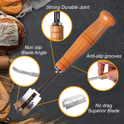 13" Danish Dough Whisk Bread Lame Bowl Scraper Set - Dutch Sourdough Whisk Double Eye, Dough Scraper, Bread Scorer with 10 Blades and Leather Cover