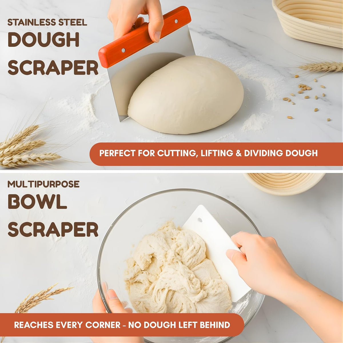 13" Danish Dough Whisk Bread Lame Bowl Scraper Set - Dutch Sourdough Whisk Double Eye, Dough Scraper, Bread Scorer with 10 Blades and Leather Cover