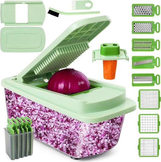 Vegetable Chopper, 16-in-1 Mandoline Slicer Dicer Grater Spiralizer with Container, 8 Stainless Steel Blades for Onion Salad Salsa Meal Prep