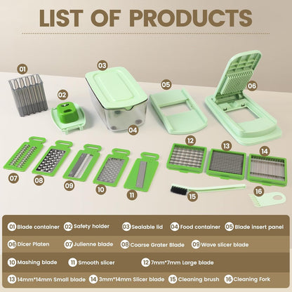 Vegetable Chopper, 16-in-1 Mandoline Slicer Dicer Grater Spiralizer with Container, 8 Stainless Steel Blades for Onion Salad Salsa Meal Prep