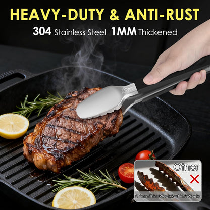 Stainless Steel Kitchen Tongs, Set of 2-9" and 12", Locking Metal Food Tongs for Cooking, Serving, BBQ, Grill Non-Slip Grip