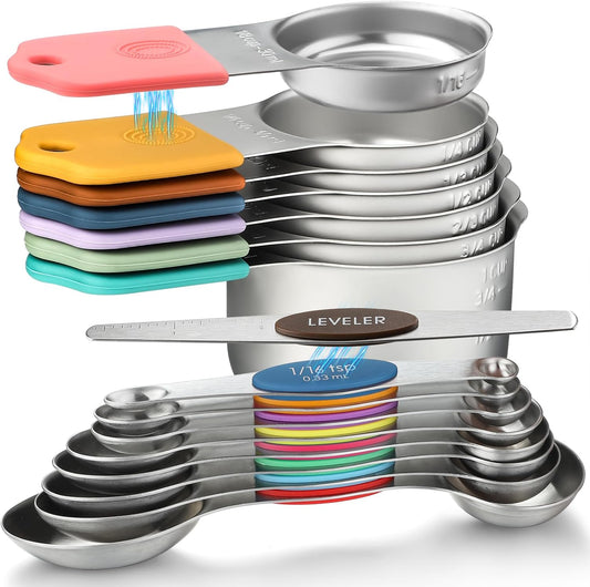 Magnetic Measuring Cups and Magnetic Measuring Spoons Set Stainless Steel | Including 7 Stackable Measuring Cup 8 Dual Sided Measuring Spoon with Leveler for Measuring Dry Liquid Ingredient