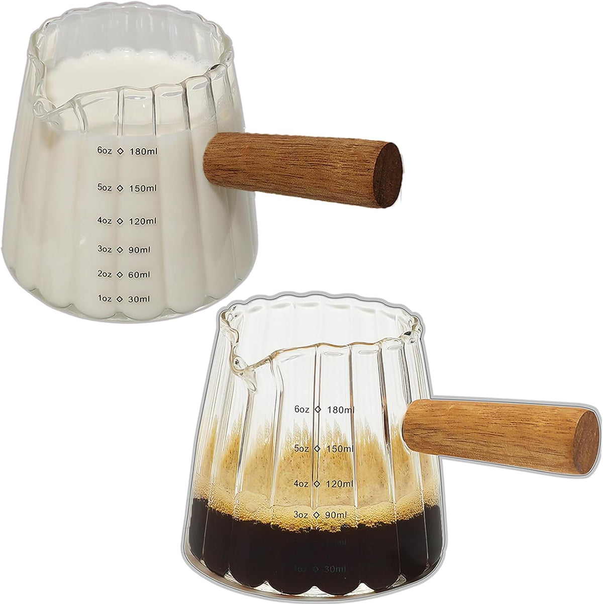 Espresso Cups 6OZ, Espresso Accessories, Expresso Shots Cup, Espresso Shot Glass with V-Shaped Mouth, Ribbed Milk Frothing Pitcher, Glass Measuring Cup