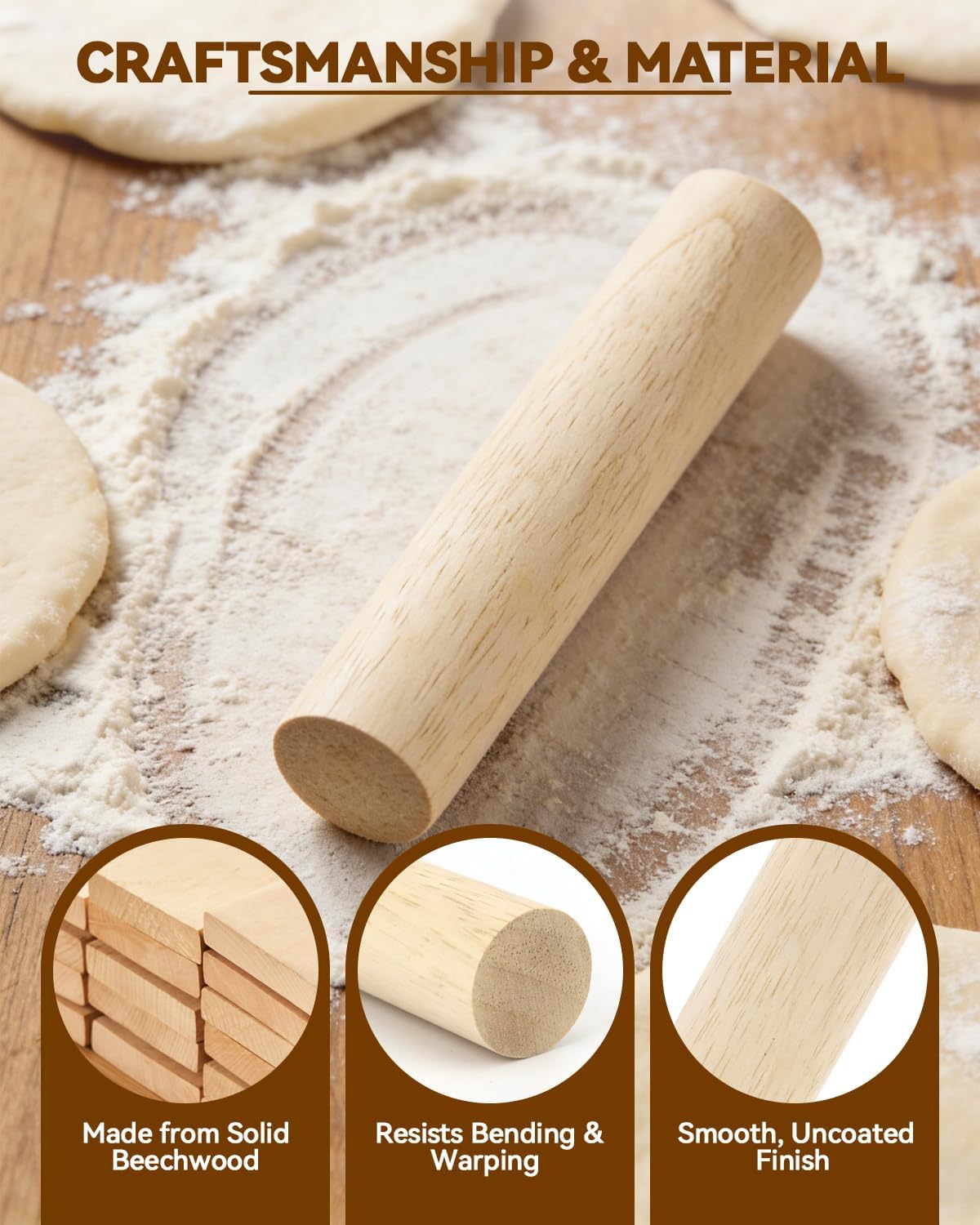 6 Inch Small Wooden Rolling Pin, 4 PCS Dumpling Dough Roller Wooden Mini Rolling Pins, Wooden Rolling Pin Set for Fondant, Pasta, Bread, Pastry, Cookies, Pizza, Pie Kitchen Utensil Tool