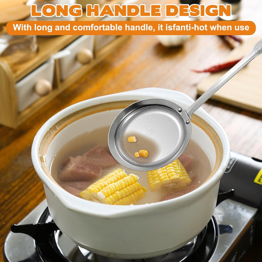 2 Pack Fine Mesh Stainless Steel Colander Filte Grease Foam Extra Fine Strainer with Handle Sieve Spoon for Oil Filter Food Strainers Kitchen Gadget for Oil Vegetable Quinoa Tea Juice (Large+Small)