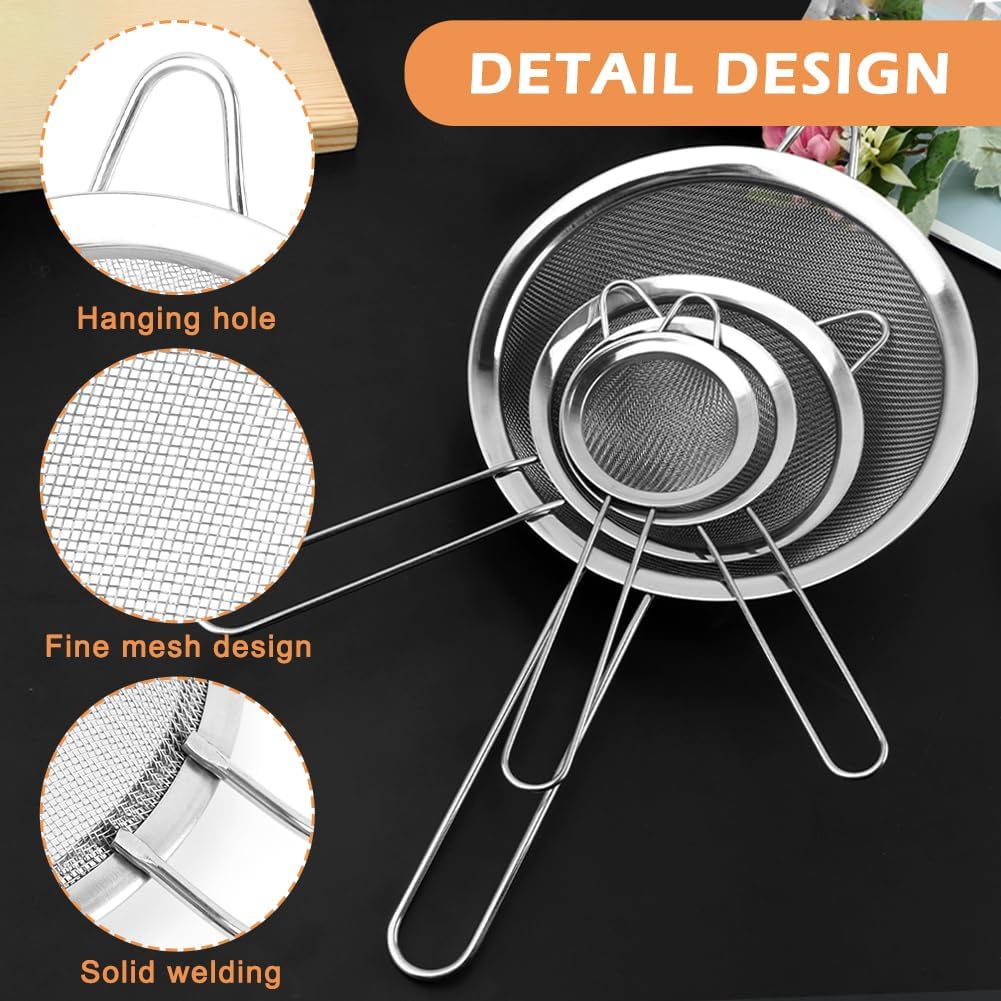 Mesh Strainer Set 4 Pack Fine Mesh Sieves 2.76-6.18 In | Tea and Coffee Filtering, Flour Sifting, Grain Rinsing, Long Handles, Conical and Round Shapes, Dishwasher Safe