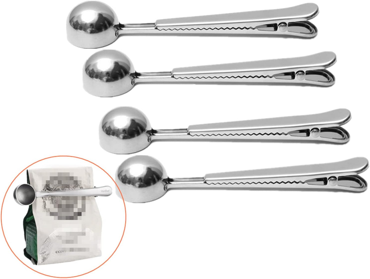 4 Pack Coffee Scoop Clip,6 3/4 inch Long Handle Coffee Measuring Spoon,15 ml Stainless Steel Scoop with Bag Clip for Coffee,Tea,Sugar,Flour,Protein Powder, Instant Drinks and More (4, Multicolor)