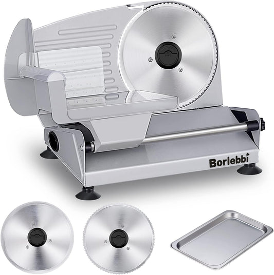Meat Slicer, 200W Electric Food Slicer with 2 Removable 7.5" Blades | 200W Motor, 2 Removable 7.5" Stainless Steel Blades, Stainless Steel Tray, Child Lock, 0-15 mm Adjustable Thickness