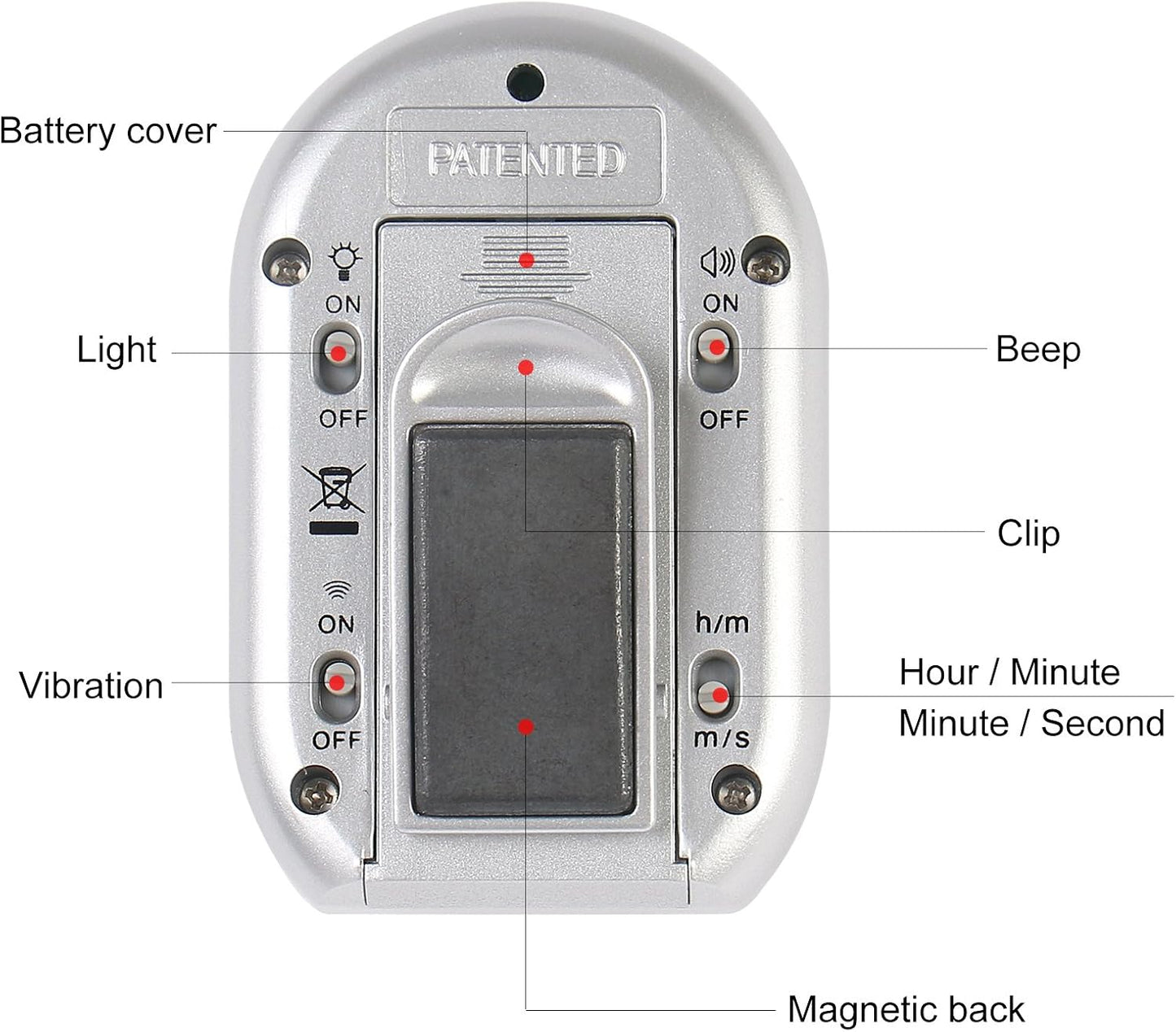 x-wlang 3-in-1 Alerts timer 1013 with vibration ,beep and flash.(kitchen timer ,medical timer,therapeutic timer), silver