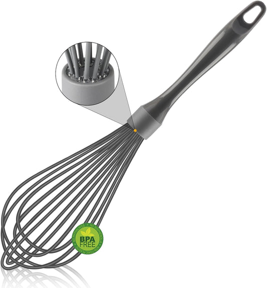 Dishwasher Safe Silicone Whisk, 12-Inch, Non-Scratch, Grey | Sealed Waterproof Handle, 1.75 mm Stainless Steel Wires, 0.4 mm Silicone Coating, BPA-Free, 450°F Heat Resistance