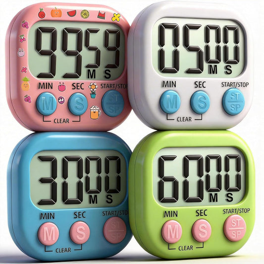 4 Pack Digital Timer for Kids, Kitchen Timer for Cooking, Classroom, Study, Exercise with Countdown/Up Mode - Loud Alarm, Large Display - AAA Battery Operated (Not Included)