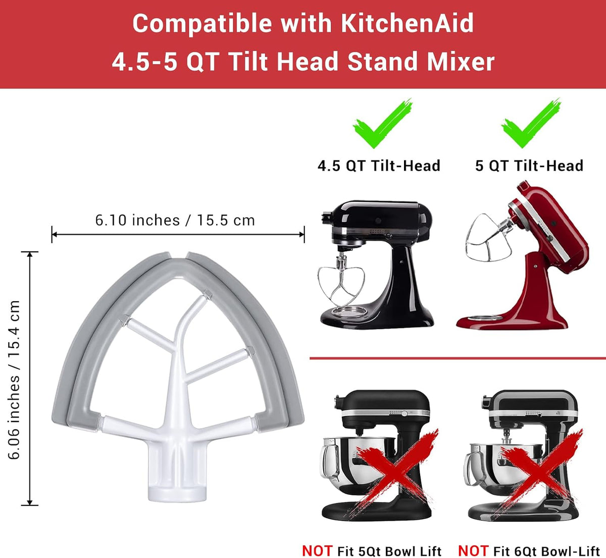 Flex Edge Beater Accessories and Attachments for KitchenAid 6 Quart Bowl-Lift Stand Mixer, Pastry Paddle Attachment for Kitchenaid, Dishwasher Safe, White