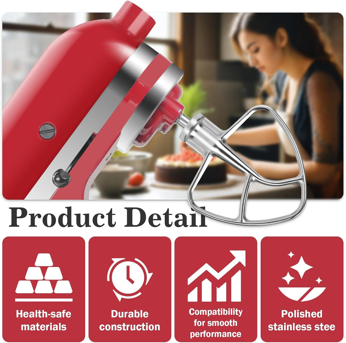 Flex Edge Beater Accessories and Attachments for KitchenAid 6 Quart Bowl-Lift Stand Mixer, Pastry Paddle Attachment for Kitchenaid, Dishwasher Safe, White