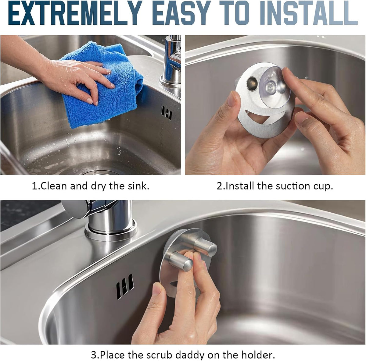 Stainless Steel Smiley Face Dish Sponge Holder, Silver Sink Caddy Organizer Storage with Suction Cup for Kitchen, Rv Apartment Kitchen Accessories Decor Scrubber