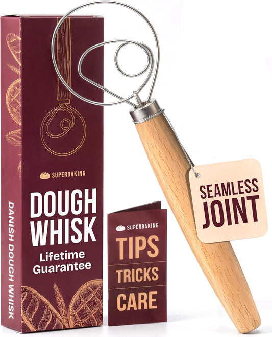 12" Danish Dough Whisk for Bread Mixing | Single Eye Design, Sourdough Bread Baking, Ergonomic Wooden Handle, Bread Making Tools