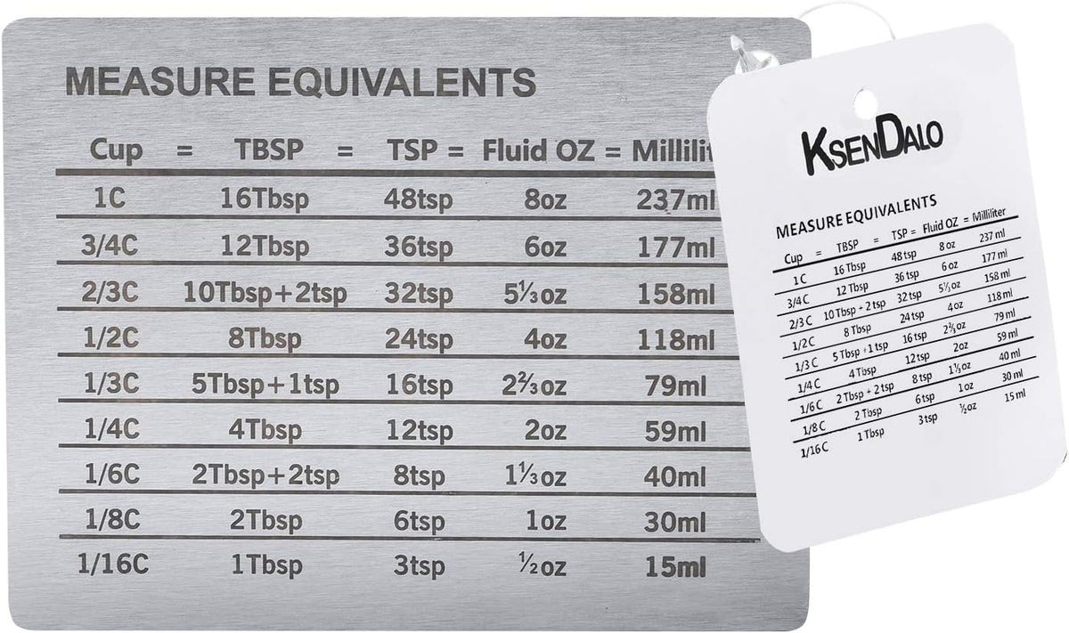 Measurement Conversion Chart with Strong Magnet Backing, Stainless Measurement Conversions For Cups, Tablespoons, Teaspoons, Fluid Oz and Milliliters,Silver