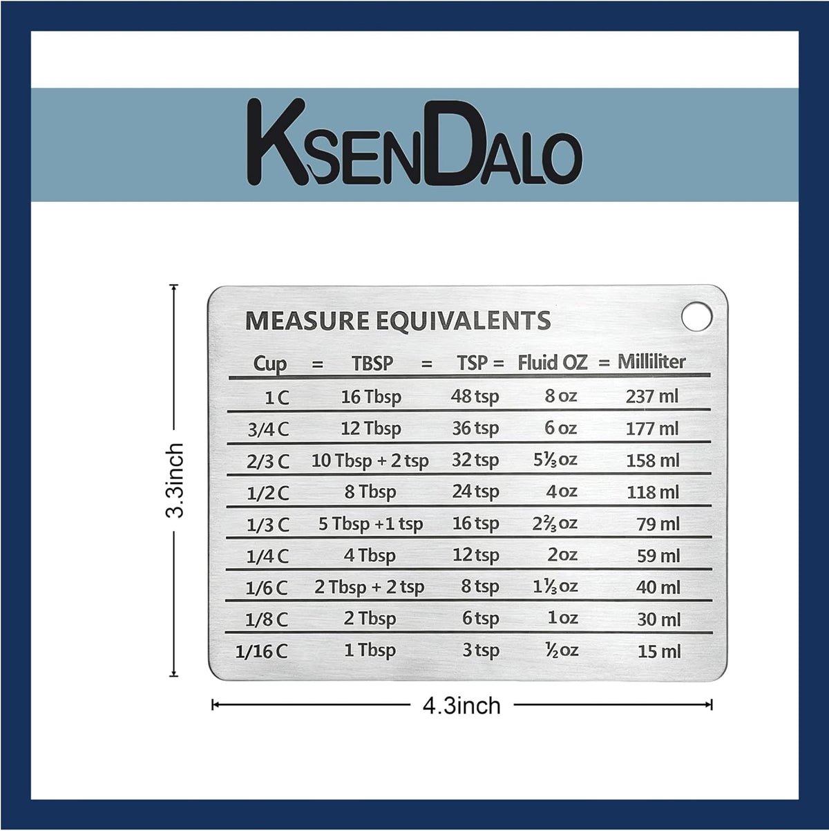 Measurement Conversion Chart with Strong Magnet Backing, Stainless Measurement Conversions For Cups, Tablespoons, Teaspoons, Fluid Oz and Milliliters,Silver