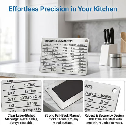 Measurement Conversion Chart with Strong Magnet Backing, Stainless Measurement Conversions For Cups, Tablespoons, Teaspoons, Fluid Oz and Milliliters,Silver