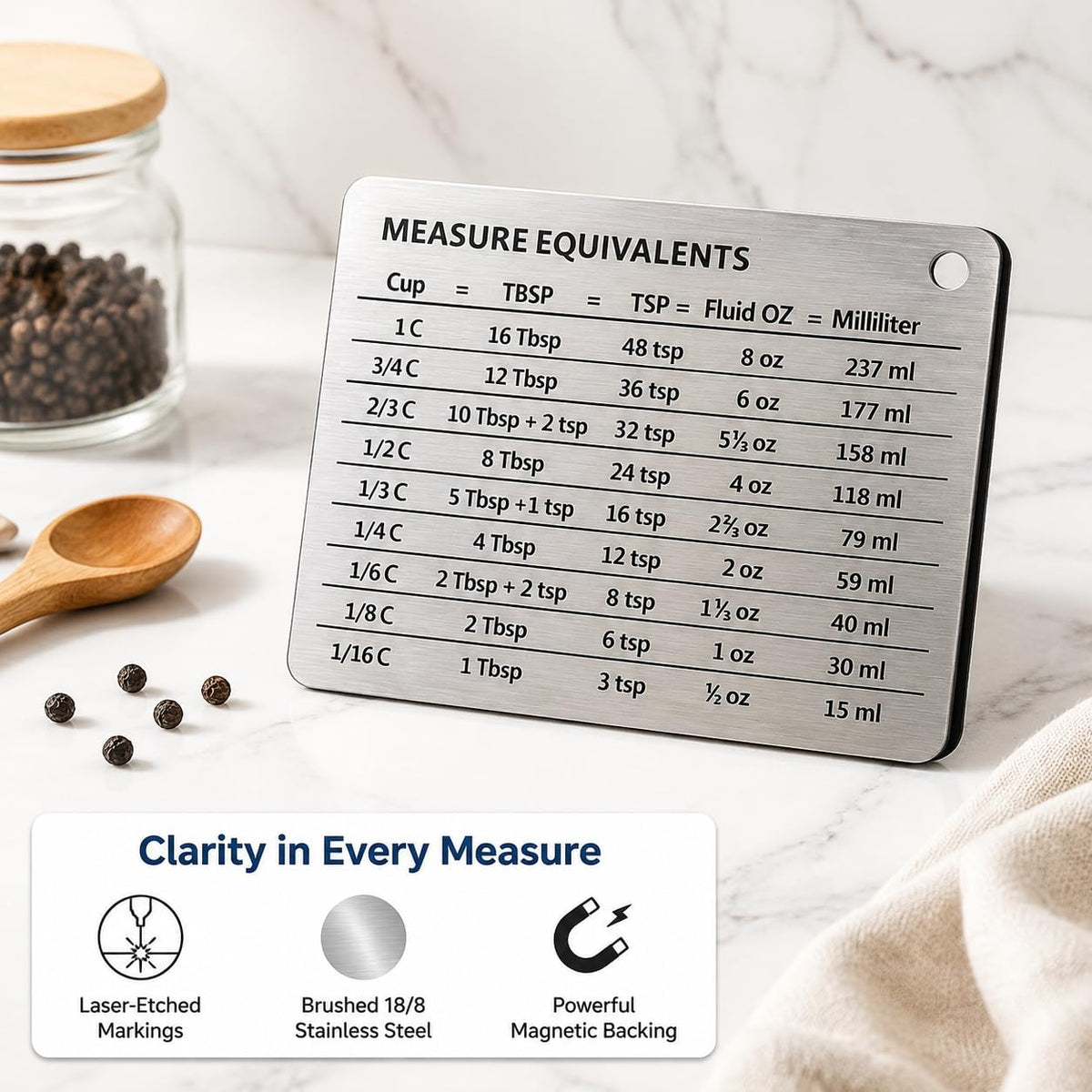 Measurement Conversion Chart with Strong Magnet Backing, Stainless Measurement Conversions For Cups, Tablespoons, Teaspoons, Fluid Oz and Milliliters,Silver