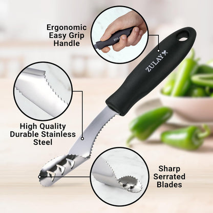 Jalapeno Corer & Seed Remover – 430 Stainless Steel Pepper Coring Tool with Serrated Blade for Effortless Deseeding – Chili, Bell Pepper and Jalapeno Core Remover for Cooking & Grilling
