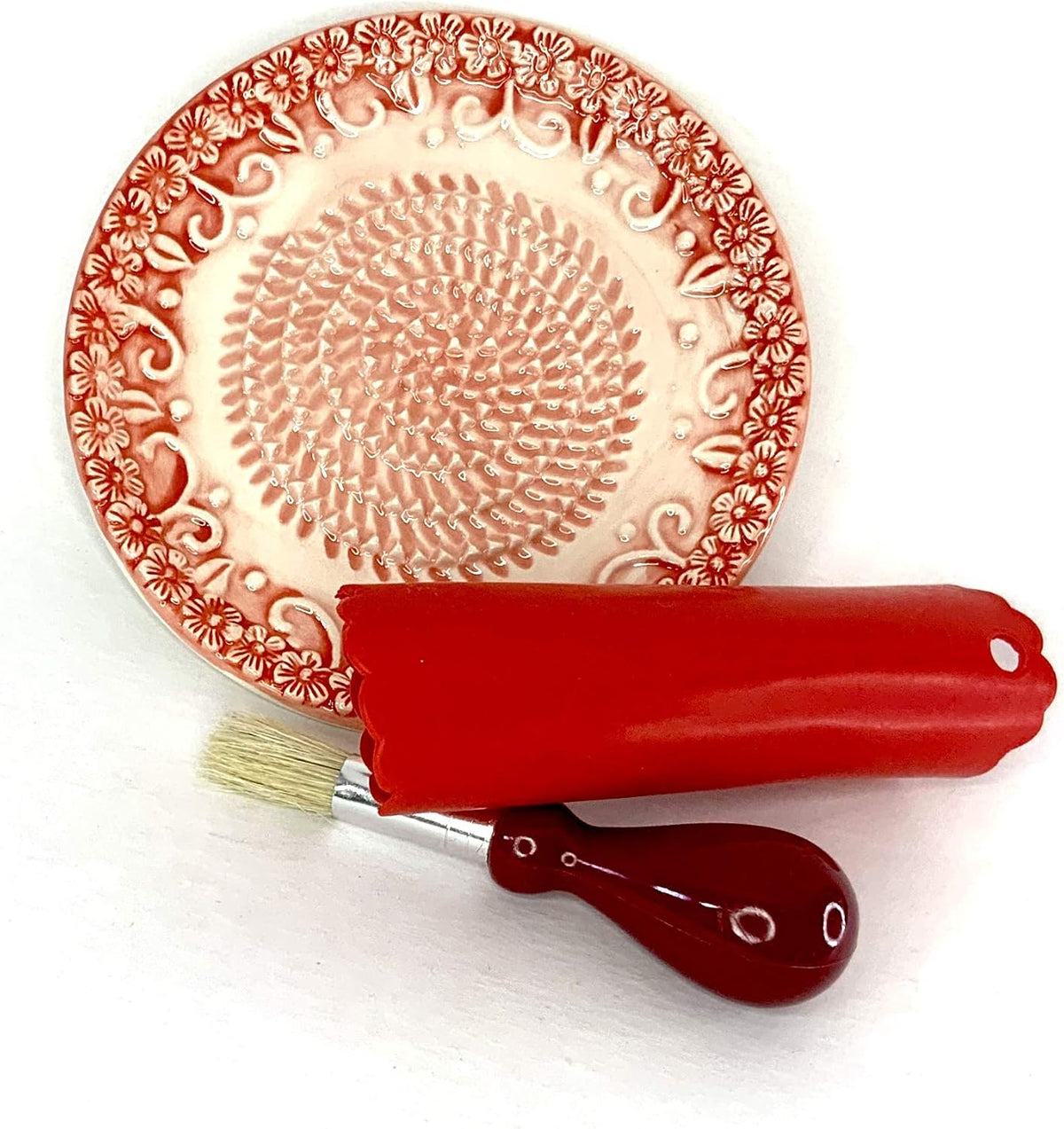 Premium Ceramic Garlic Grater Plate Set - Red Embossed