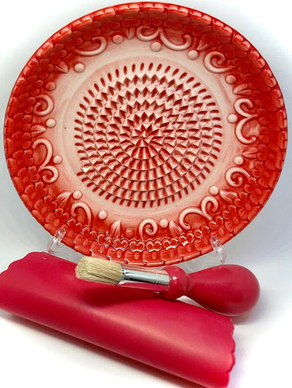 Premium Ceramic Garlic Grater Plate Set - Red Embossed