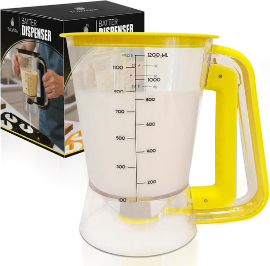 Pancake Batter Dispenser | 5-Cup Mix Pourer for Pancakes, Waffles, Crepes, Muffins, Cupcakes | Squeeze Handle, Portion Control Pitcher, Durable Drip-Free Design | Baking Accessories (Classic Yellow)