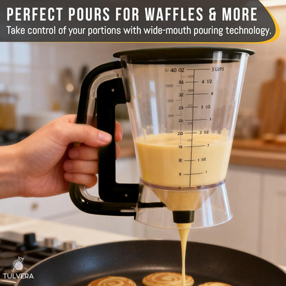 Pancake Batter Dispenser | 5-Cup Mix Pourer for Pancakes, Waffles, Crepes, Muffins, Cupcakes | Squeeze Handle, Portion Control Pitcher, Durable Drip-Free Design | Baking Accessories (Classic Yellow)