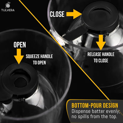 Pancake Batter Dispenser | 5-Cup Mix Pourer for Pancakes, Waffles, Crepes, Muffins, Cupcakes | Squeeze Handle, Portion Control Pitcher, Durable Drip-Free Design | Baking Accessories (Classic Yellow)