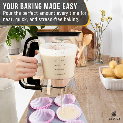 Pancake Batter Dispenser | 5-Cup Mix Pourer for Pancakes, Waffles, Crepes, Muffins, Cupcakes | Squeeze Handle, Portion Control Pitcher, Durable Drip-Free Design | Baking Accessories (Classic Yellow)