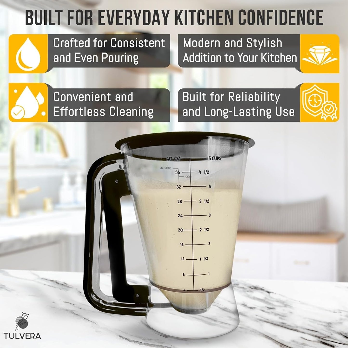 Pancake Batter Dispenser | 5-Cup Mix Pourer for Pancakes, Waffles, Crepes, Muffins, Cupcakes | Squeeze Handle, Portion Control Pitcher, Durable Drip-Free Design | Baking Accessories (Classic Yellow)