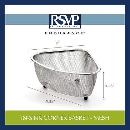 Endurance® In-Sink Mesh Colander Strainer Basket, 3 Quart | Organize Sponges, Collect Food Scraps | Dishwasher Safe | Small Corner Basket | Steaming, Draining & Rinsing