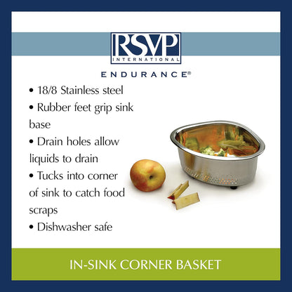 Endurance® In-Sink Mesh Colander Strainer Basket, 3 Quart | Organize Sponges, Collect Food Scraps | Dishwasher Safe | Small Corner Basket | Steaming, Draining & Rinsing