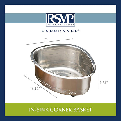 Endurance® In-Sink Mesh Colander Strainer Basket, 3 Quart | Organize Sponges, Collect Food Scraps | Dishwasher Safe | Small Corner Basket | Steaming, Draining & Rinsing
