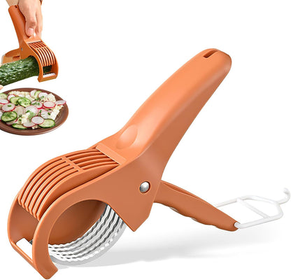 Multifunctional Fruit and Vegetable Slicer, Cucumber Divider, Press & Cut, Stainless Steel Blades, Ideal for Bananas, Cucumbers, Carrots, Peppers, Sausages (Orange)