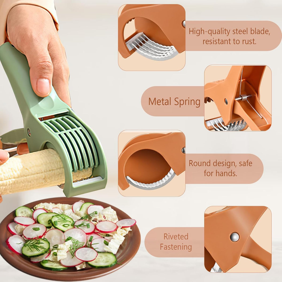 Multifunctional Fruit and Vegetable Slicer, Cucumber Divider, Press & Cut, Stainless Steel Blades, Ideal for Bananas, Cucumbers, Carrots, Peppers, Sausages (Orange)