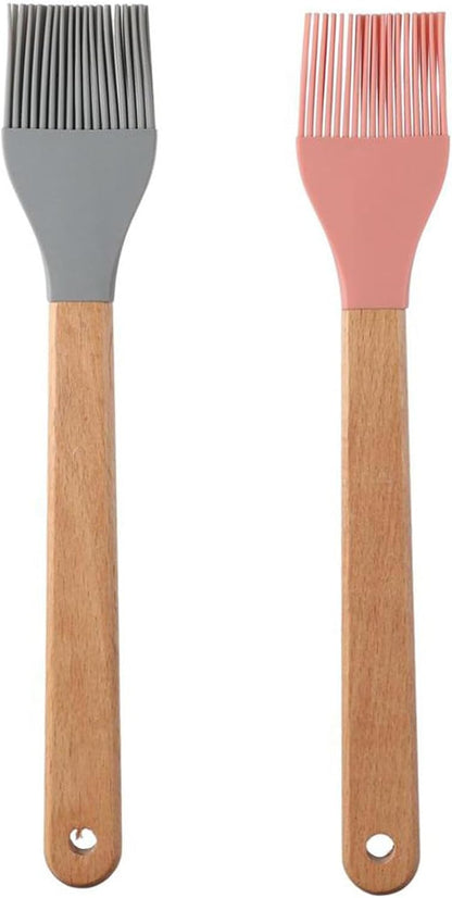 2Pcs Silicone Heat Basting Brush,Oil Brush with Wooden Handle,Practical Pastry Brush Food Brushes for Kitchen Cooking,Pink and Grey