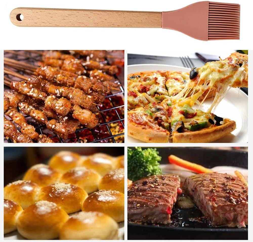 2Pcs Silicone Heat Basting Brush,Oil Brush with Wooden Handle,Practical Pastry Brush Food Brushes for Kitchen Cooking,Pink and Grey