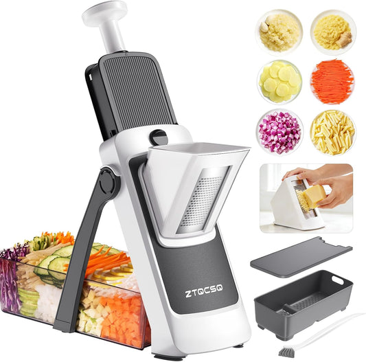 Safe Mandoline Slicer for Kitchen, Vegetable & Food Cutter, Easy to Clean | Vegetable Potato Slicer Chopper Cutter With Container, Wider Tray & Stainless Steel & Filter Basket & Brush (Gray Pro)