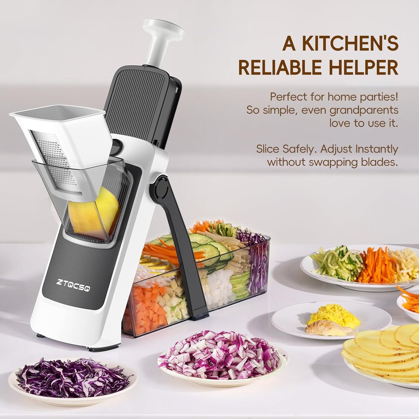 Safe Mandoline Slicer for Kitchen, Vegetable & Food Cutter, Easy to Clean | Vegetable Potato Slicer Chopper Cutter With Container, Wider Tray & Stainless Steel & Filter Basket & Brush (Gray Pro)