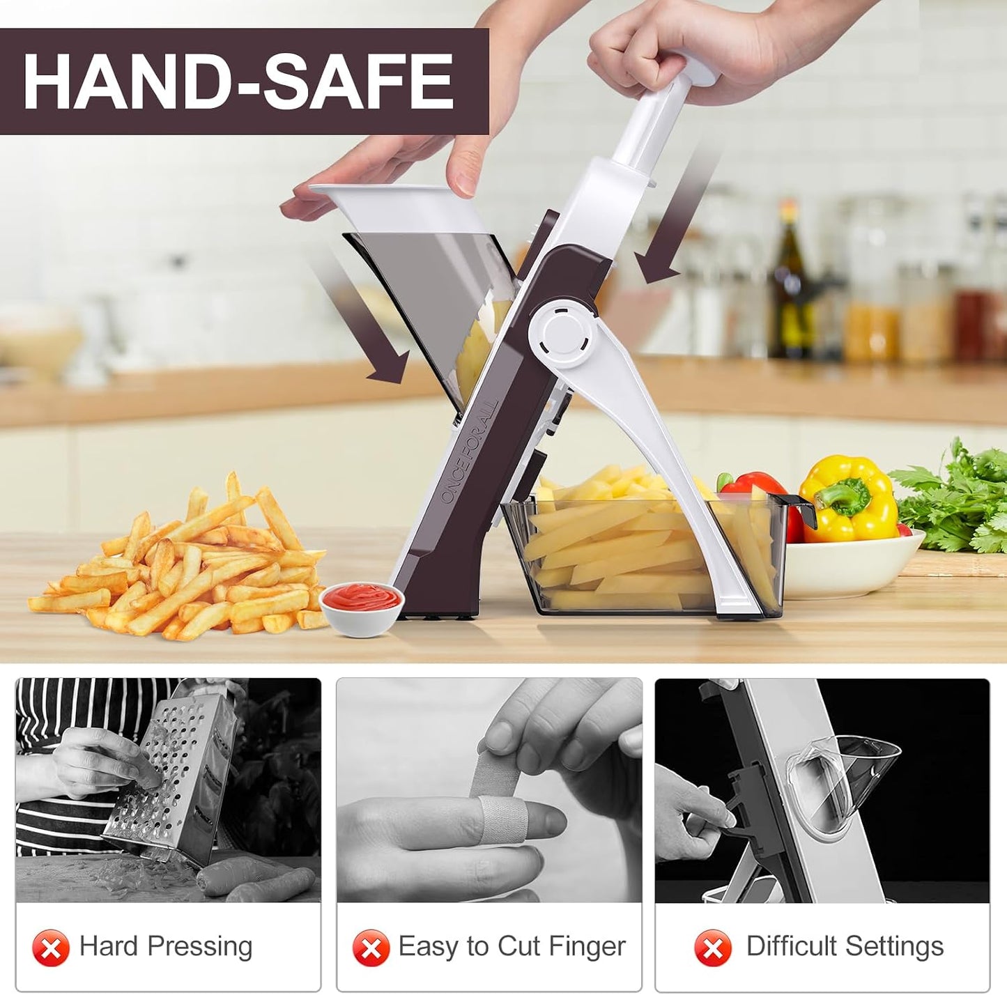 Safe Mandoline Slicer for Kitchen, Vegetable & Food Cutter, Easy to Clean | Vegetable Potato Slicer Chopper Cutter With Container, Wider Tray & Stainless Steel & Filter Basket & Brush (Gray Pro)