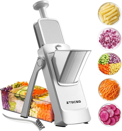 Safe Mandoline Slicer for Kitchen, Vegetable & Food Cutter, Easy to Clean | Vegetable Potato Slicer Chopper Cutter With Container, Wider Tray & Stainless Steel & Filter Basket & Brush (Gray Pro)