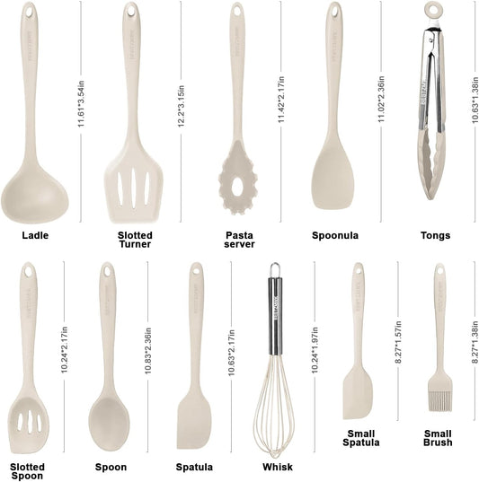 Kitchen Utensil Set - 11 Cooking Utensils - Colorful Silicone Kitchen Utensils - Nonstick Cookware with Spatula Set - Colored Best Kitchen Tools Kitchen Gadgets (Khaki)