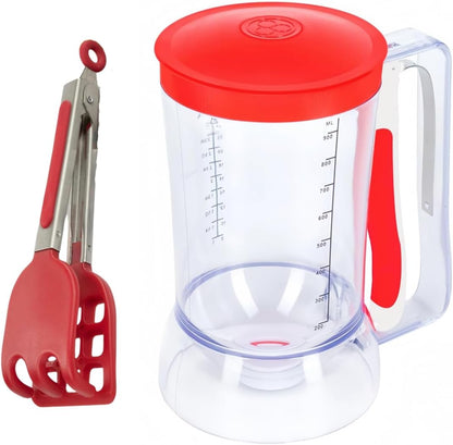Waffles Batter Dispenser n Waffle Tongs Combo Set,Get Perfectly Fluffy Waffles Every Time! Batter Measuring Separator for Pancakes, Cupcake, Muffin Quick Filling Cookie Batter