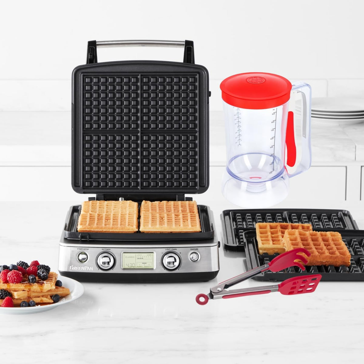 Waffles Batter Dispenser n Waffle Tongs Combo Set,Get Perfectly Fluffy Waffles Every Time! Batter Measuring Separator for Pancakes, Cupcake, Muffin Quick Filling Cookie Batter