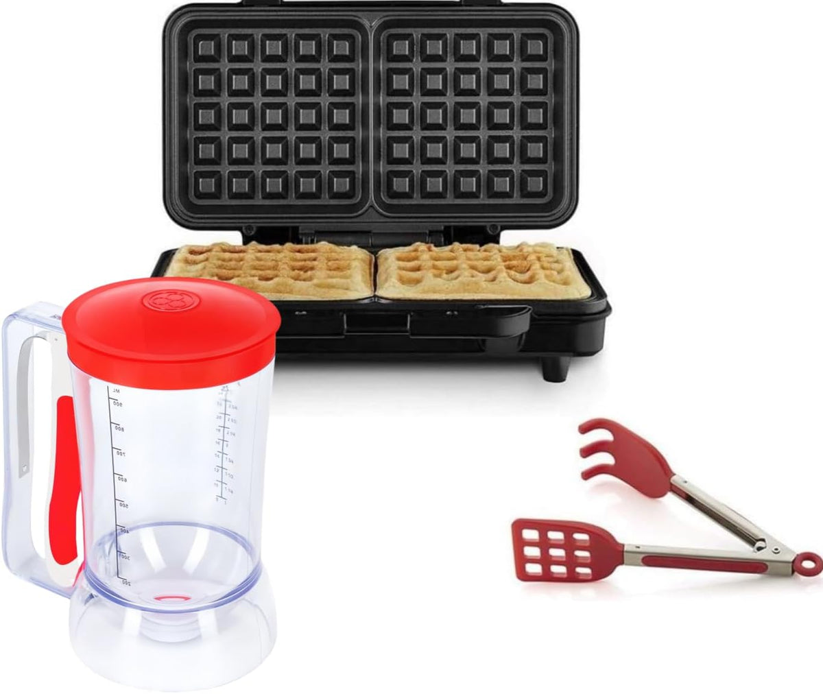 Waffles Batter Dispenser n Waffle Tongs Combo Set,Get Perfectly Fluffy Waffles Every Time! Batter Measuring Separator for Pancakes, Cupcake, Muffin Quick Filling Cookie Batter
